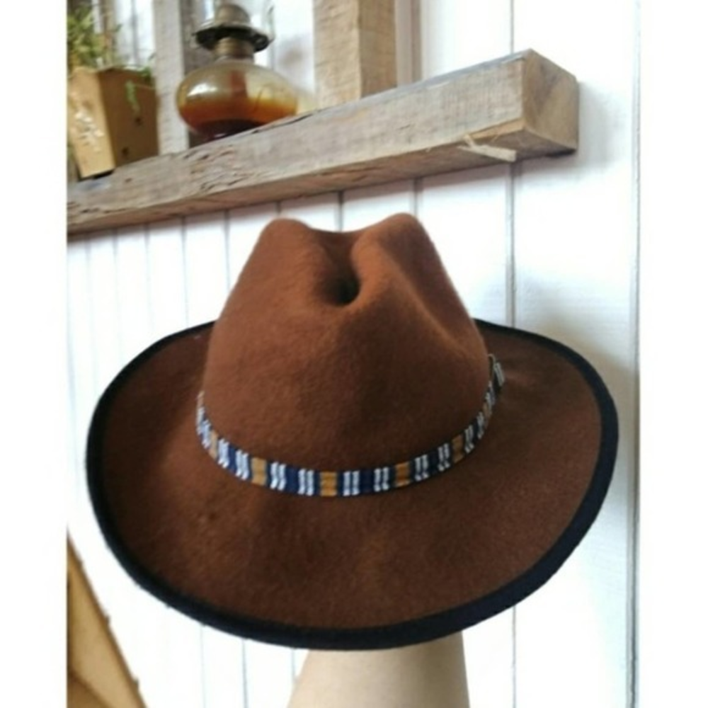 Free People Boho Wide Brim Brown Hat with Beaded Band